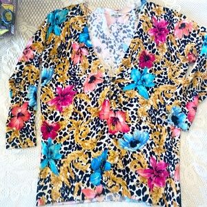 Floral Leopard Print V-Neck Cardigan Sweater - Multicolor